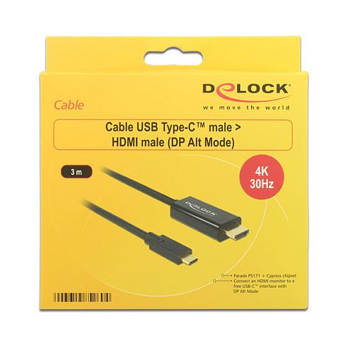 Kabllo HDMI DeLOCK 85260 / USB-C në HDMI / 3m / 4K @ 30Hz / DP Alt Mode / HDMI 1.4 - Zezë - 3