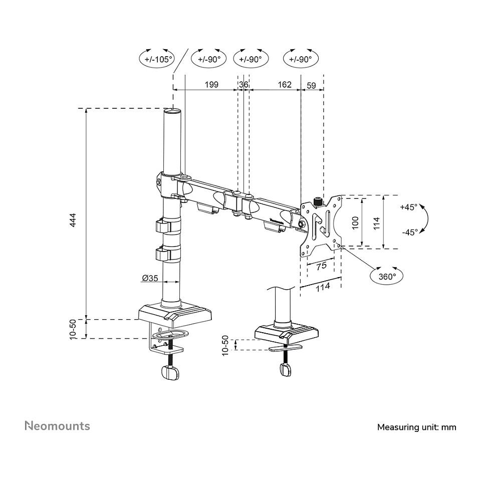 Mbajtëse për Monitor Neomounts DS60-600BL1 / 1 Monitor / 10–32" / deri 8kg / VESA 75x75 & 100x100 / Full Motion / Lartësi e Rregullueshme - Zezë - 16
