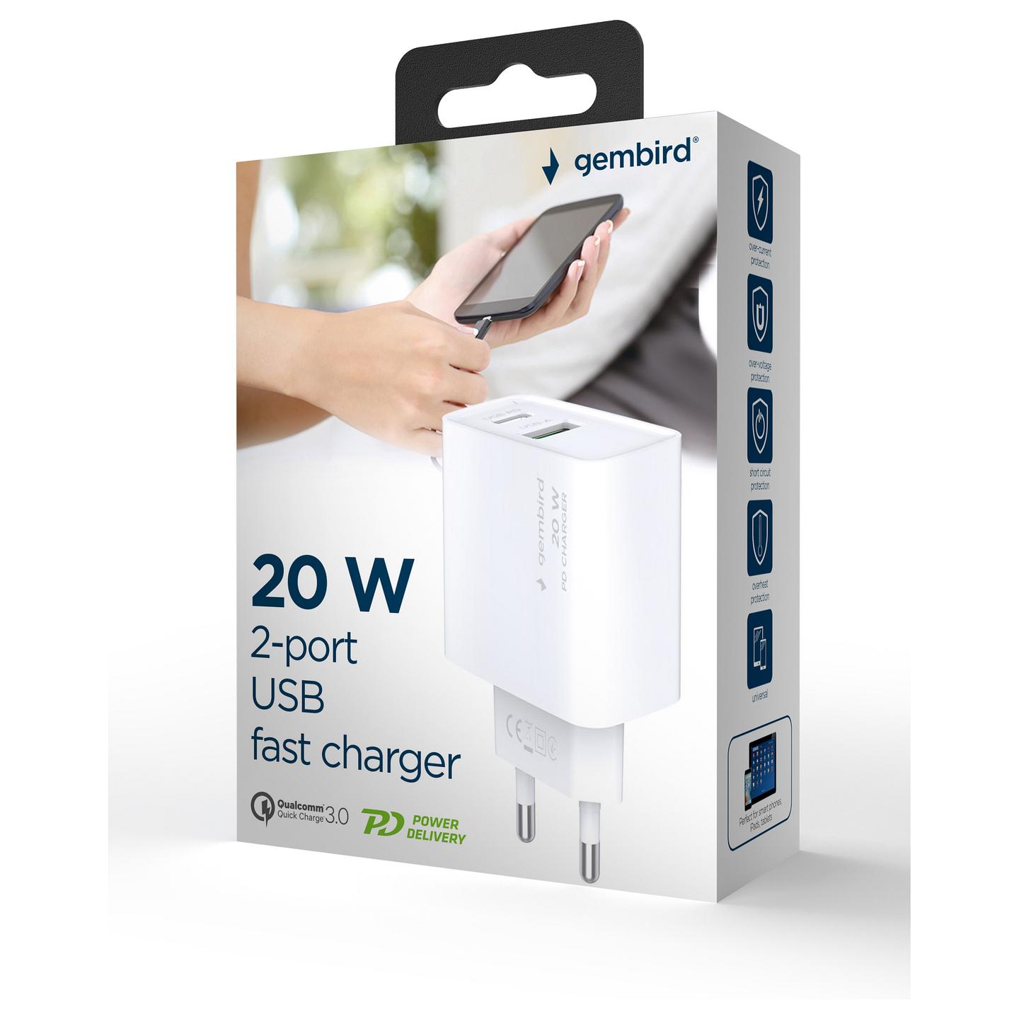 Adapter Gembird TA-UC-PDQC20-01-W / 20W / 1x USB-C PD 20W / 1x USB-A QC 3.0 20W / 2-Port – Bardhë - 5