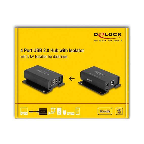Hub USB DeLOCK 64226 / USB 2.0 / 4x USB-A / Izolim 5 kV / 480 Mbit/s / USB-B / Montim DIN Rail - Zezë - 4