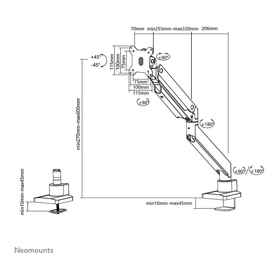 Mbajtëse për Monitor Neomounts NM-D775WHITEPLUS / 1 Monitor / 10"-49" / 18kg / Gas Spring / Clamp-Grommet / Tilt ±45° / Swivel 360° / Rotacion 180° - E bardhë - 15