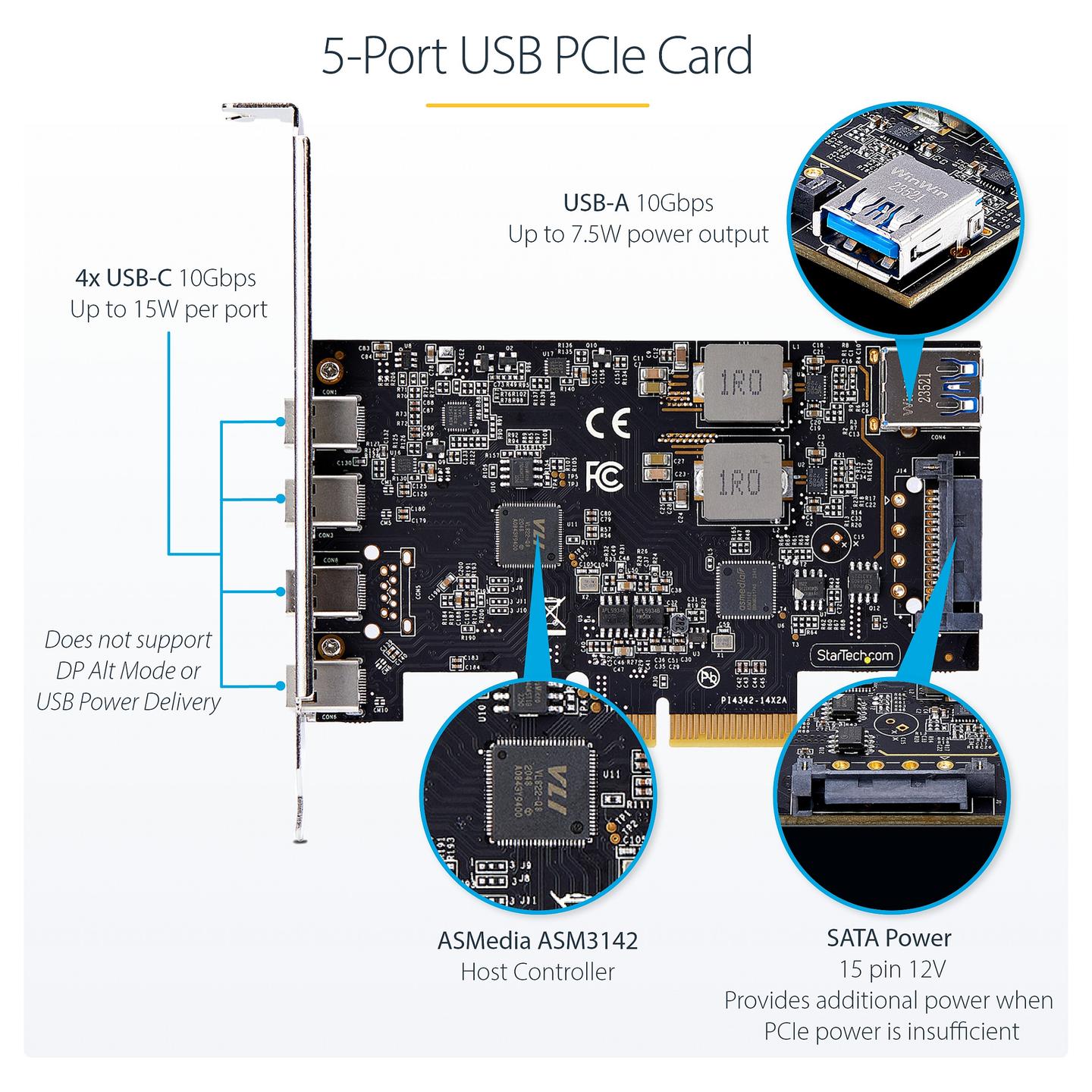Kartë Zgjerimi StarTech.com PS4C3IA3-USB-C-CARD, PCI Express 3.0 x4, 4x USB-C + 1x USB-A i Brendshëm, 10Gbps, ASMedia ASM3142, Low Profile + Full Height - 10