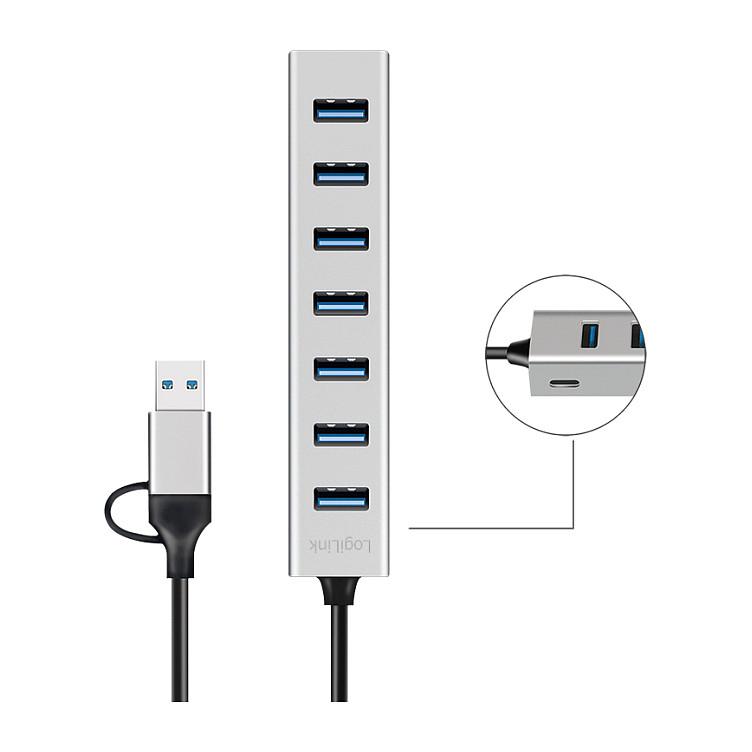 Hub USB-A LogiLink UA0441, 7x USB-A, USB 3.0, 5Gbps, kabllo 2-në-1, alumin - Argjend - 5
