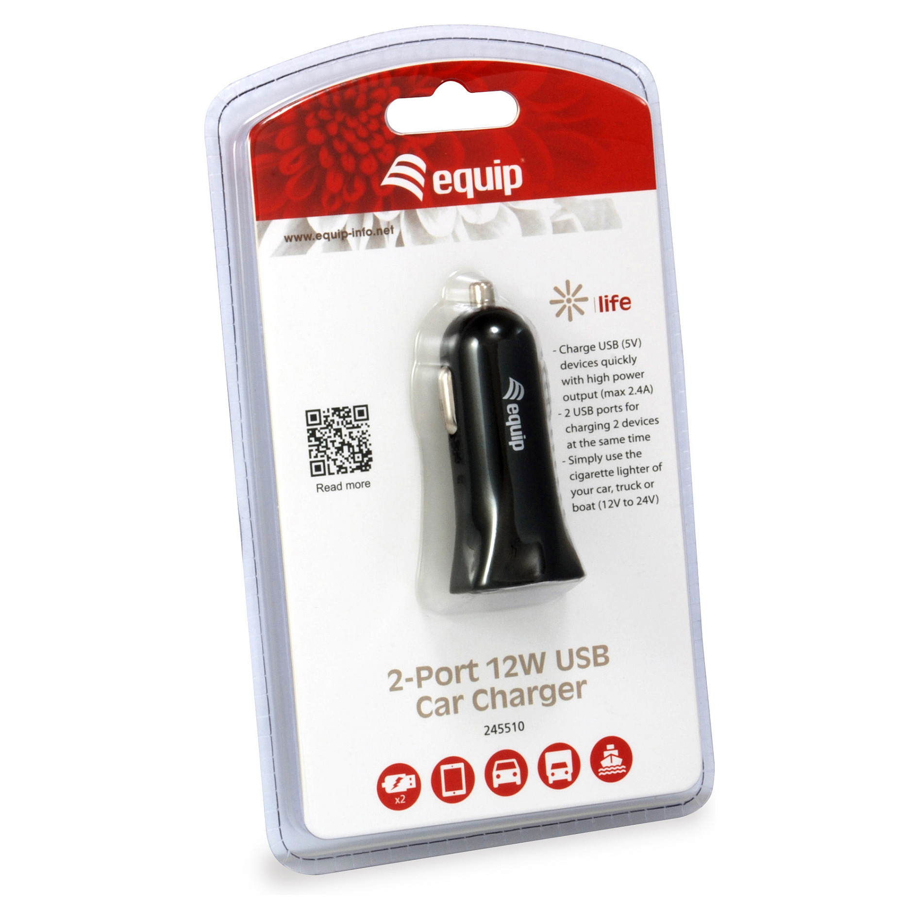 Adapter telefoni për veturë Equip 245510 / 2x USB-A / 12W / 12-24V – Zezë - 4