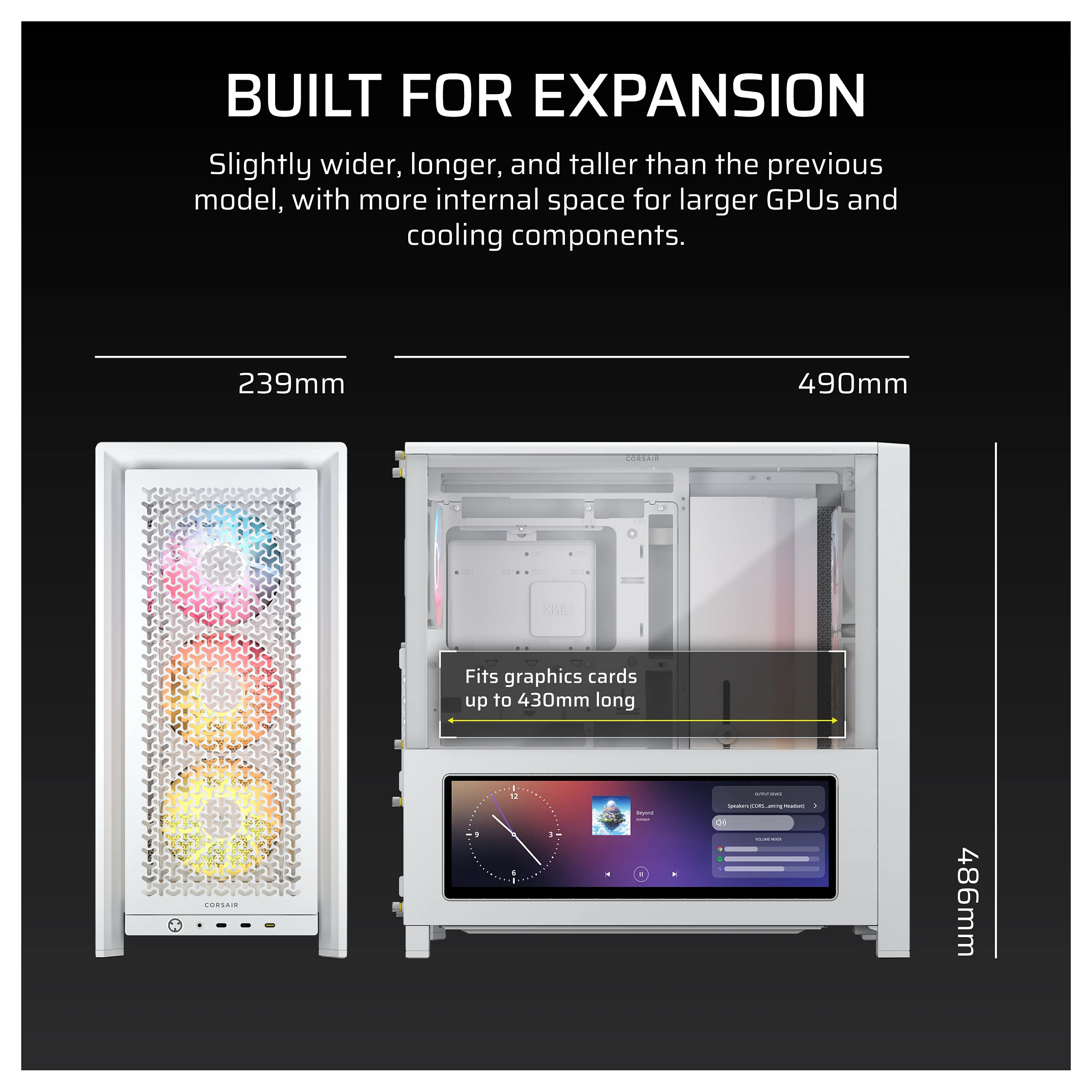 Kasë PC Corsair FRAME 4000D LCD RS ARGB / Midi Tower / E-ATX + ATX / 3x 120mm + 1x 120mm RS120 ARGB Fan / 14.5" LCD / Tempered Glass - Bardhë - 10