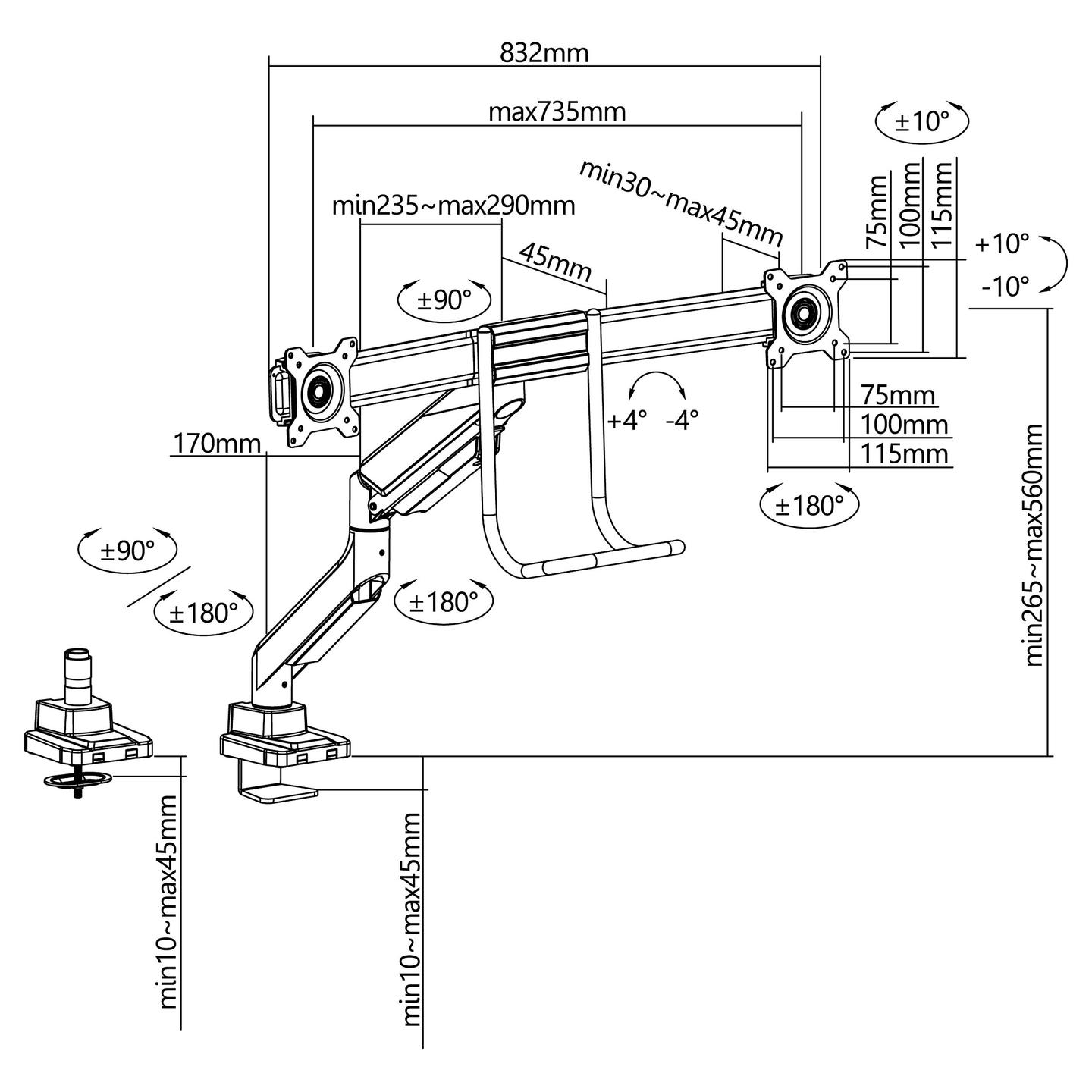 Mbajtëse për Monitor Equip 650161 / 2 Monitorë / 17"-32" / 18kg / Gas Spring / Clamp-Grommet / Tilt ±10° / Swivel ±10° - Zezë - 7