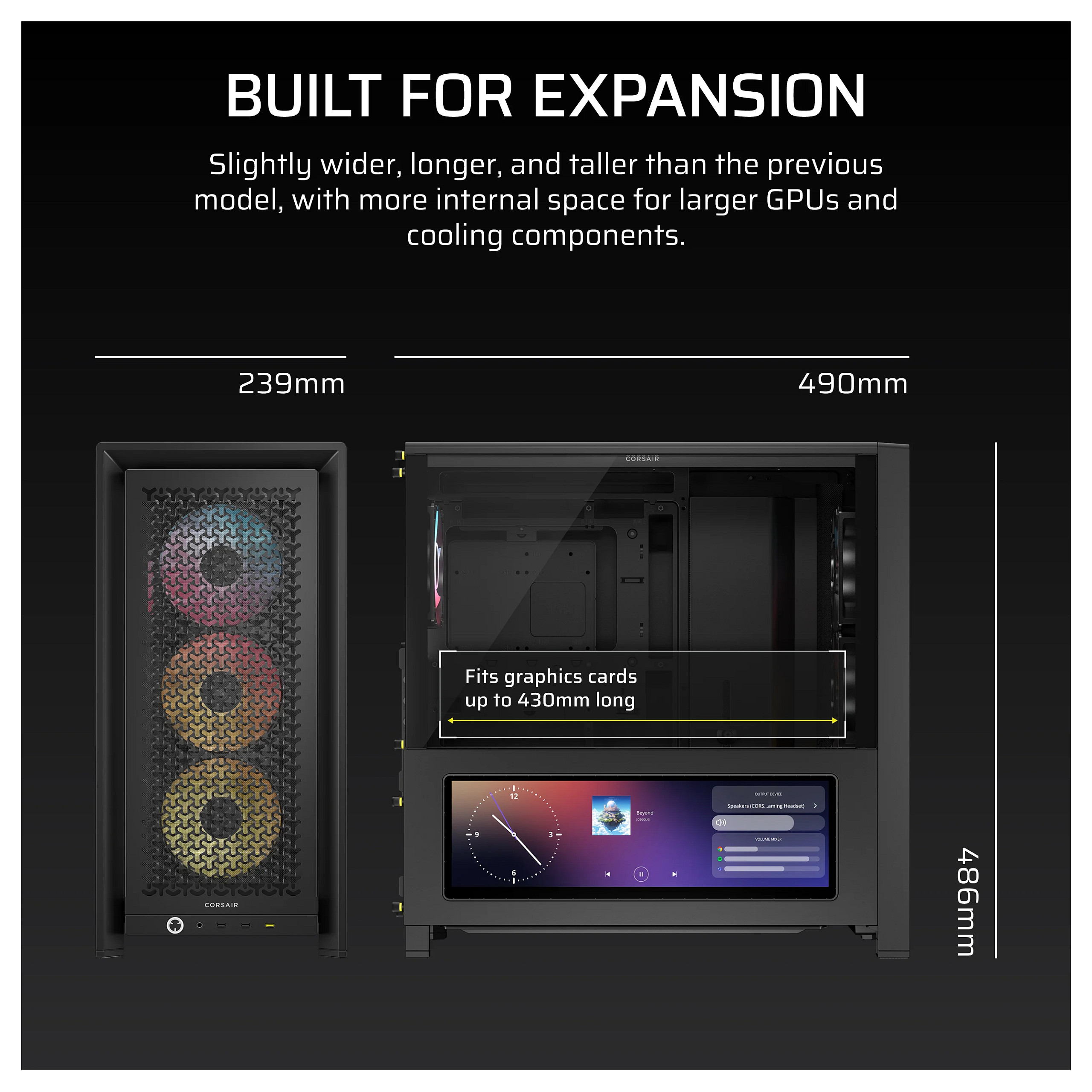 Kasë PC Corsair FRAME 4000D LCD RS ARGB / Midi Tower / E-ATX + ATX / 3x 120mm + 1x 120mm RS120 ARGB Fan / 14.5" LCD / Tempered Glass - Zezë - 10