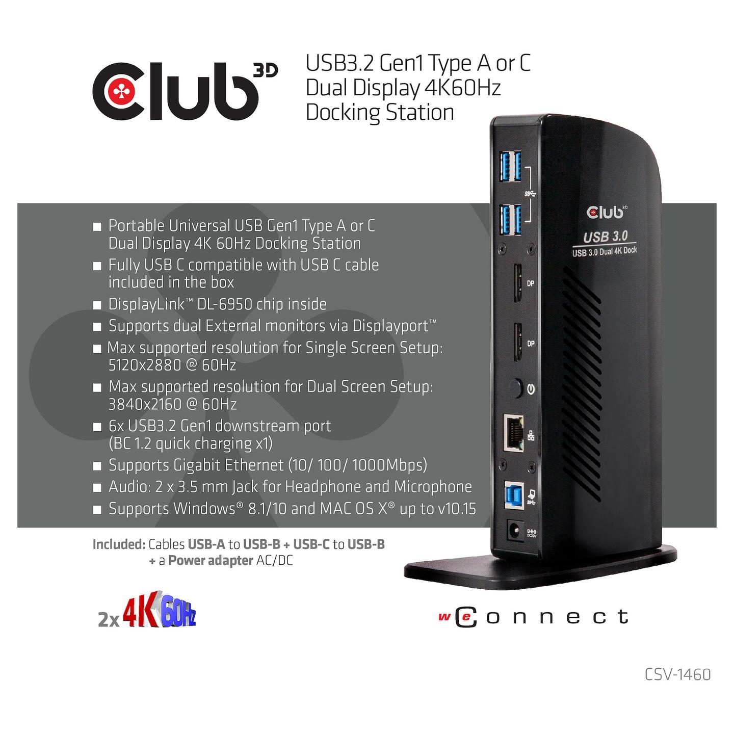 Docking Station Club 3D CSV-1460 / USB 3.2 Gen 1 / 2x DisplayPort / 6x USB-A / Gigabit Ethernet / Audio - Zezë - 8