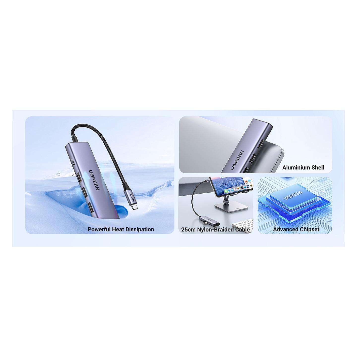 Hub USB-C UGREEN 20956A, 6-port, 3x USB-A 3.0, HDMI 4K 30Hz, SD/TF, 5Gbps - Argjend - 11
