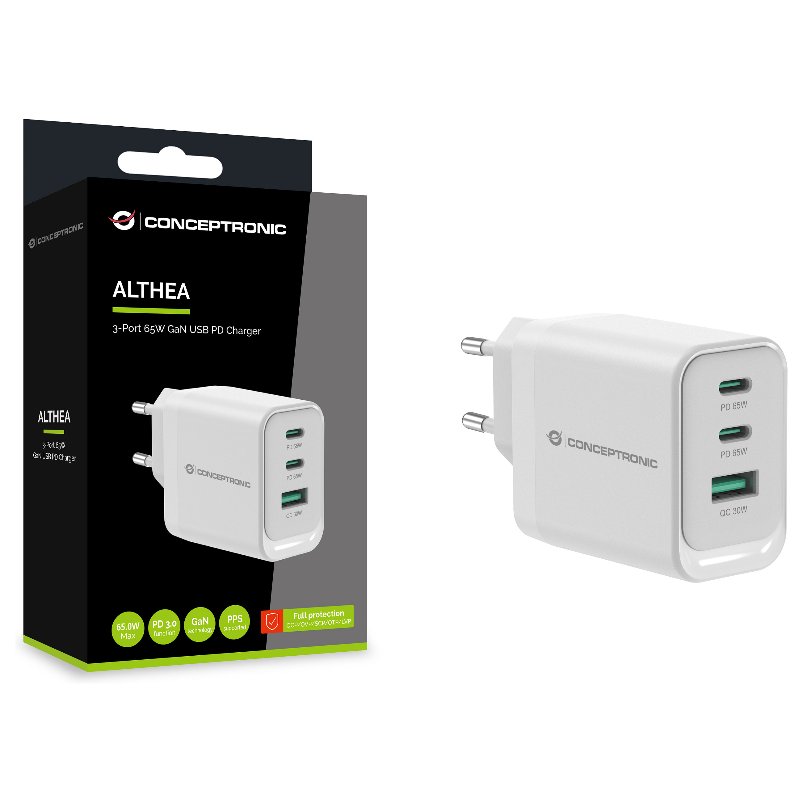 Adapter Conceptronic ALTHEA21W65 / 65W / 2x USB-C + USB-A / GaN / PD 3.0 + QC 3.0 - Bardhë - 4