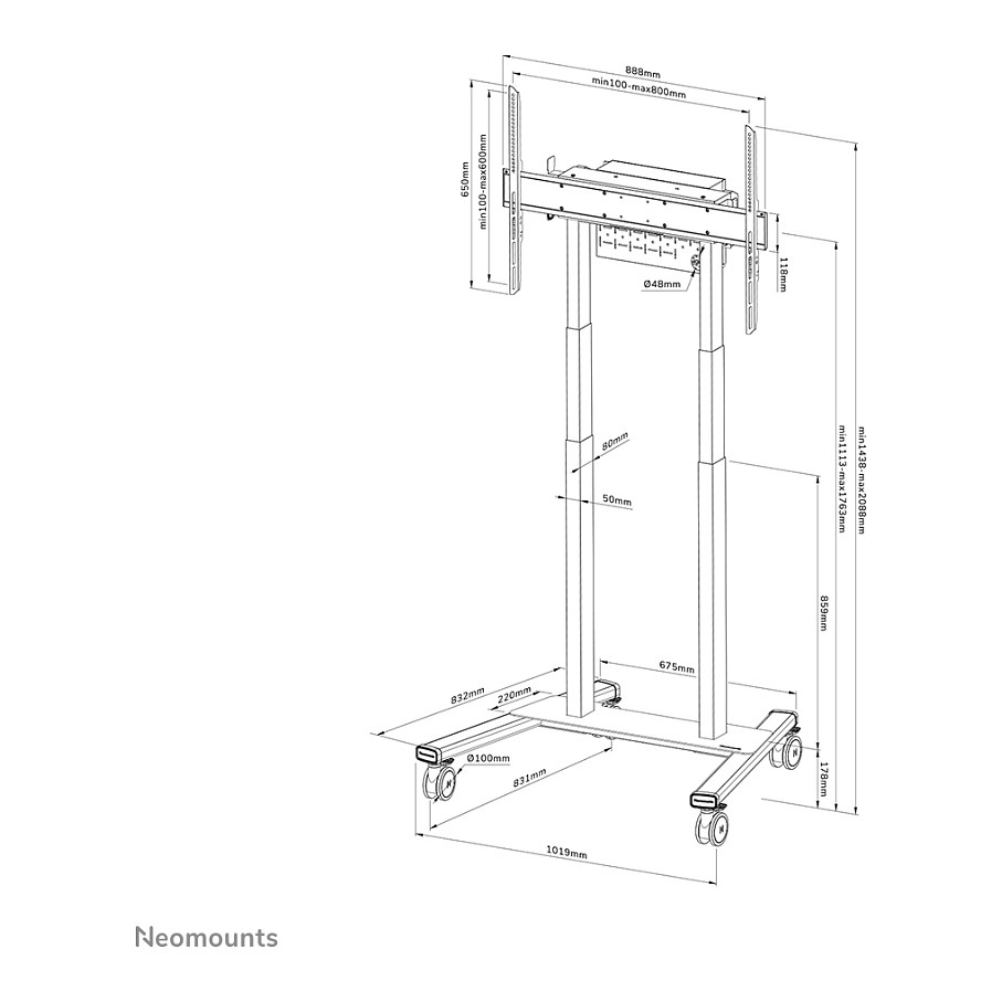Mbajtëse për TV Neomounts / 55"-100" / 110kg / VESA 100x100-800x600 / Elektrike / Me Rrota - Zezë - 20