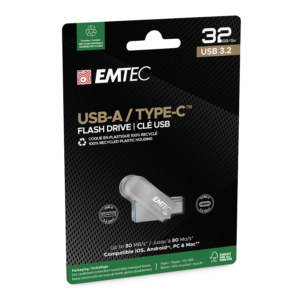 USB Flash Drive EMTEC D280 Dual / 32GB / USB Type-A + USB Type-C / USB 3.2 Gen 1 - Argjend - 3
