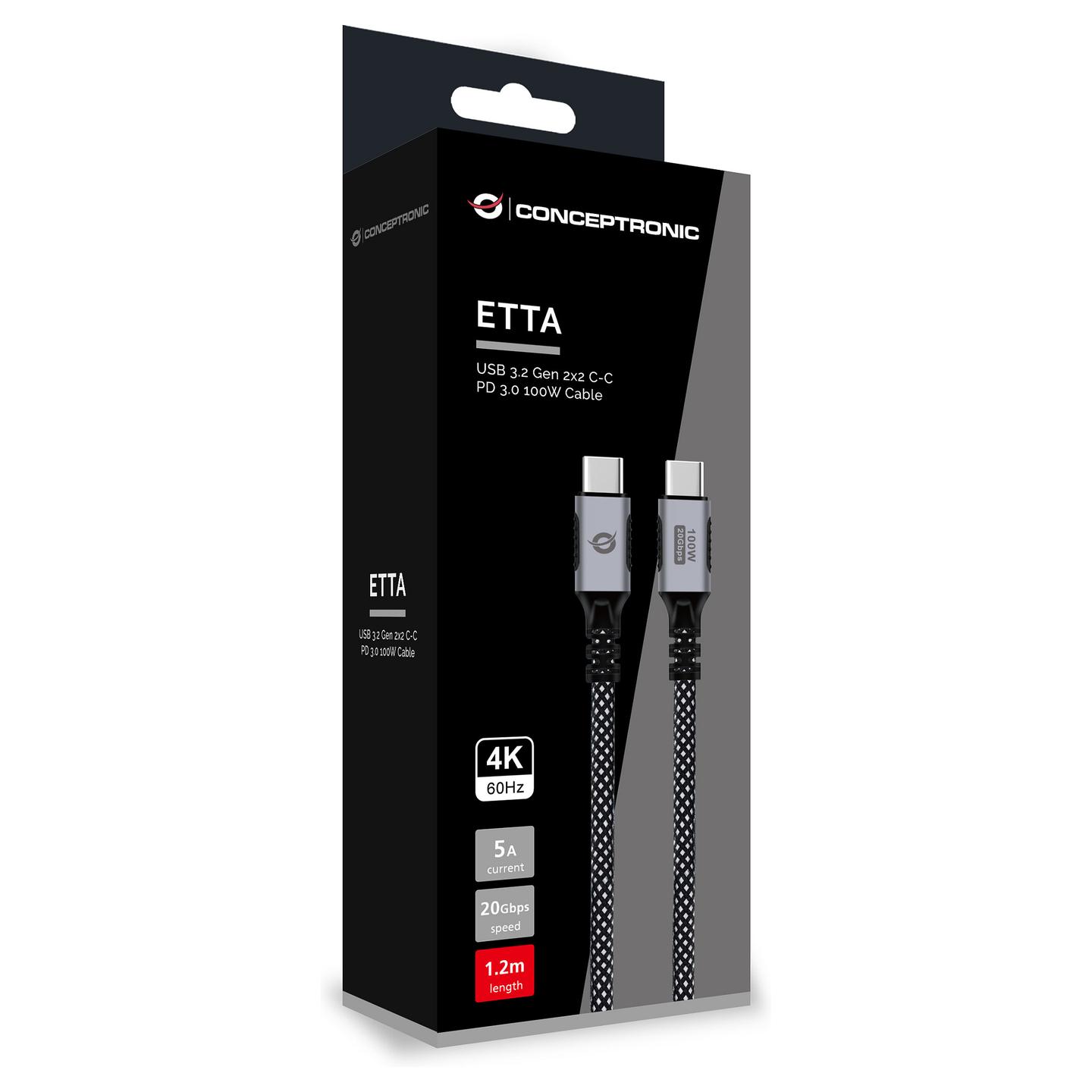 Kabllo USB Conceptronic ETTA07B12 / USB-C në USB-C / USB 3.2 Gen 2x2 / 20 Gbit/s / PD 3.0 100W / 4K/60Hz / E-Mark / 1.2m - Zezë - 4