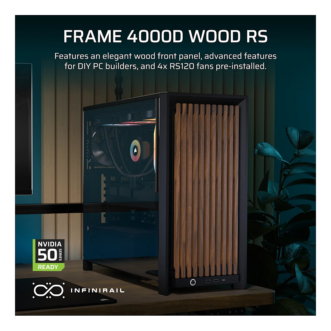 Kasë PC Corsair FRAME 4000D WOOD RS / Mid Tower / E-ATX / 3x 120mm + 1x 120mm RS Fan / Tempered Glass / Wood / 360mm Radiator - Zezë - 4