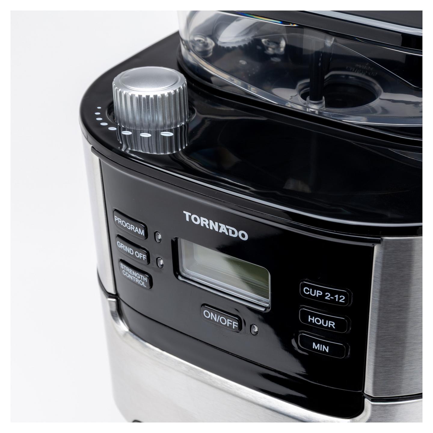 Aparat për Kafe me Filtër TORNADO TCM-1025A-GS, Mulli Konik, 1050 W, Rezervuar 1.5 L, 12 Filxhanë – Zezë/Argjend - 16