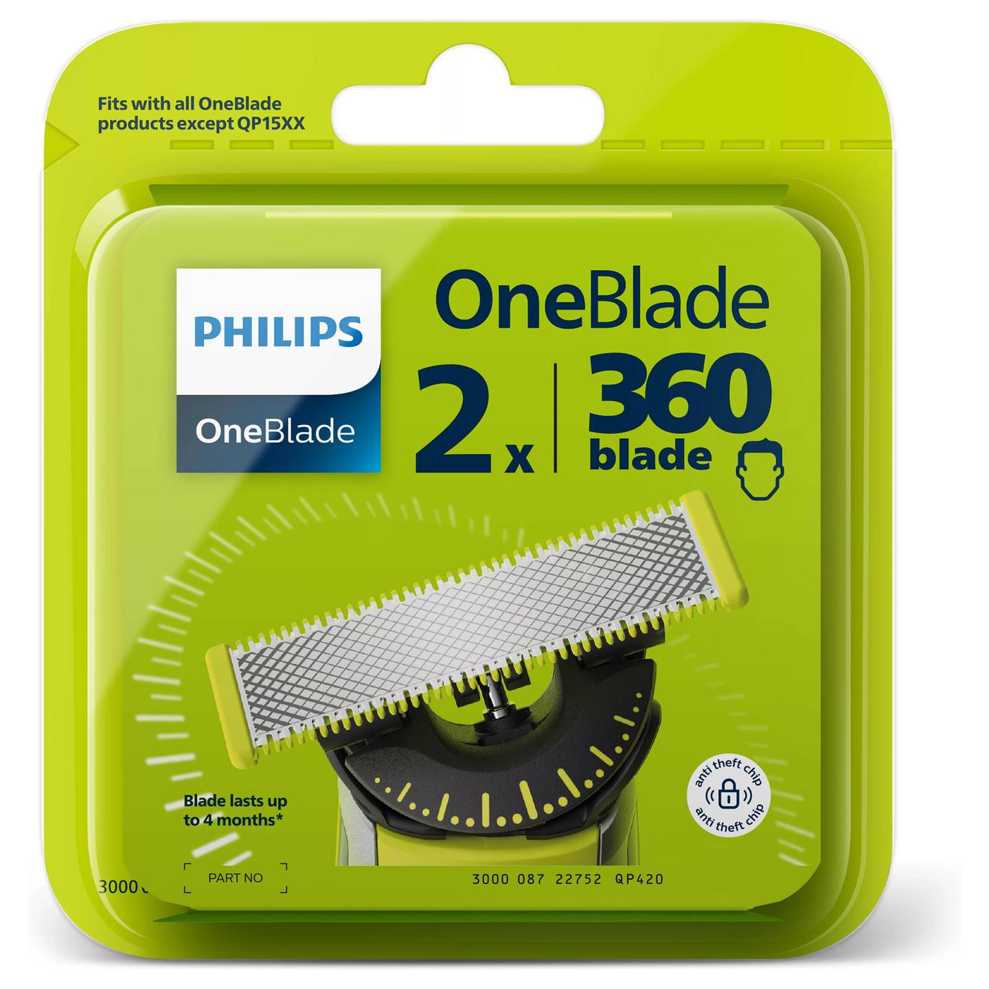 Teh zëvendësues për makinë rroje Philips OneBlade 360 QP420/50 / 360 Blade / Anti-Friction / Dual Protection / Contour-Following / 2 Copë - Zezë/Argjend/Gjelbër - 4
