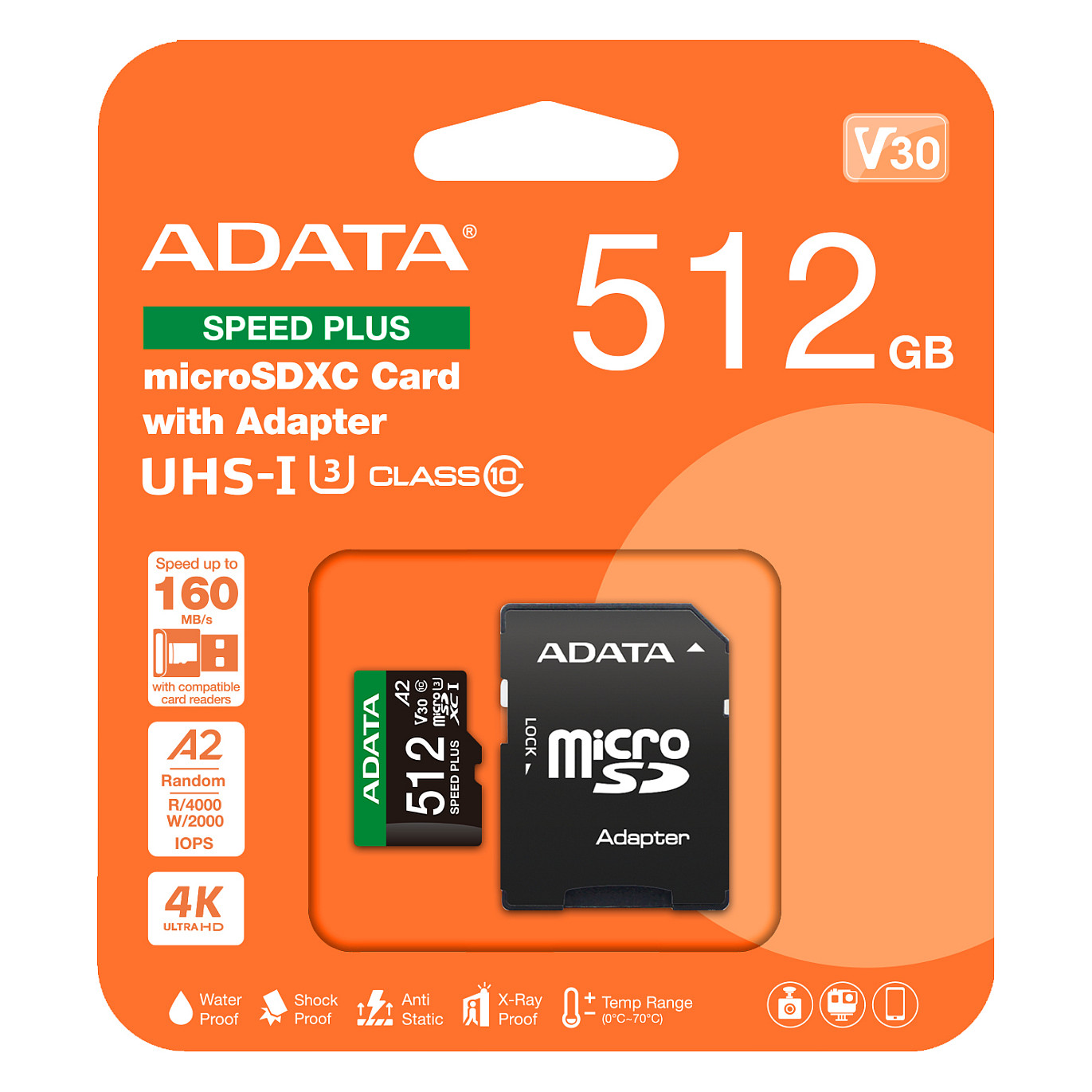 Kartë Memorie SD ADATA Speed Plus / UD512GUI3V30A2SP-RA1 / 512GB / microSDXC / UHS-I U3 / Class 10 / V30 / A2 / 180MB/s / 160MB/s - Zezë/Gjelbër - 9