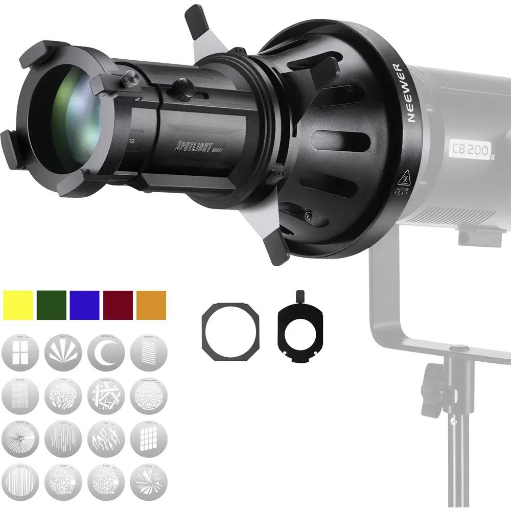 Aksesor për Ndriçim Neewer LS-39, Spotlight Snoot, Lentë Optike 20°, Bowens Mount, 16 Gobo, 5 Filtra Ngjyrash - Zezë