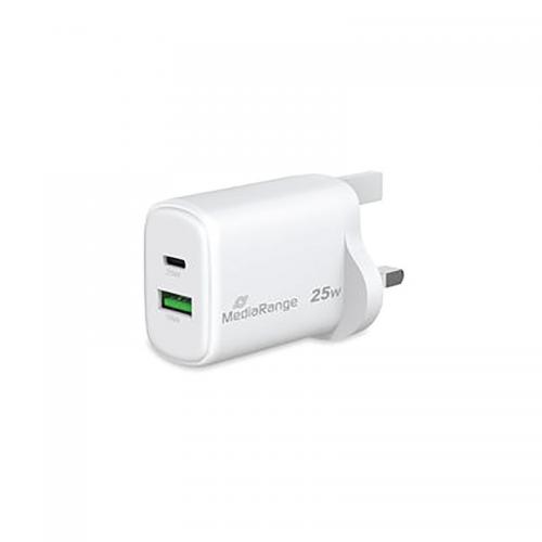 Karikues MediaRange MRMA112-UK / GaN / 25W / USB-C / USB-A / PD 3.0 / QC 3.0 - Bardhë - 2