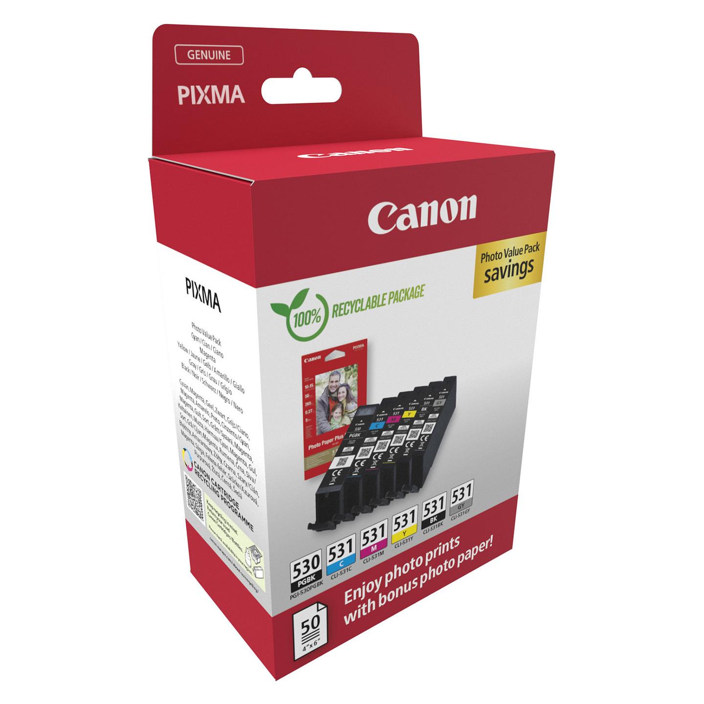 Set Ink Canon PGI-530/CLI-531 PVP 6117C004, 6 fishekë boje dhe 50 fletë letër fotografike - 2