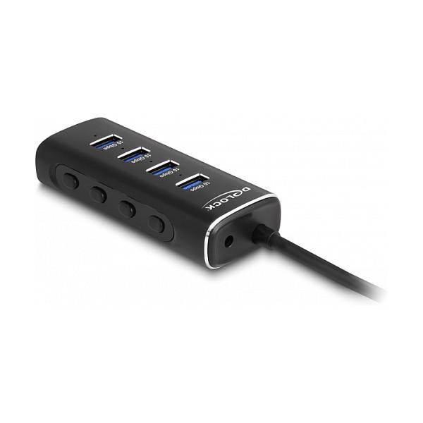 Hub USB DeLOCK 64233 / USB 10 Gbit/s / 4x USB-A / USB-C / 60 cm / Ndërprerës për Porta - Zezë - 2