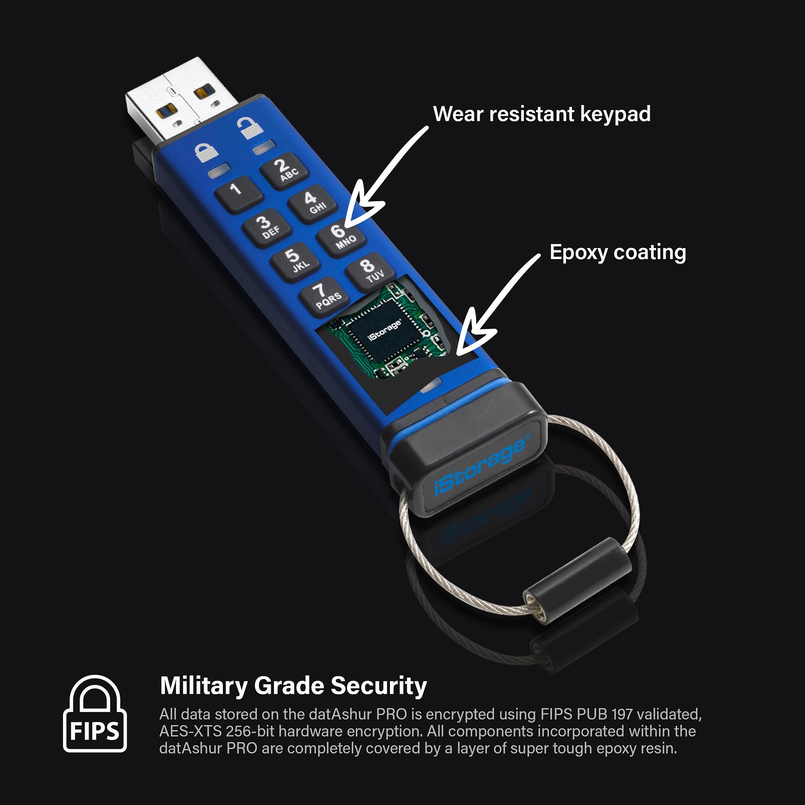 USB Flash Drive iStorage datAshur Pro / 8GB / USB Type-A / USB 3.2 Gen 1 - Blu - 3