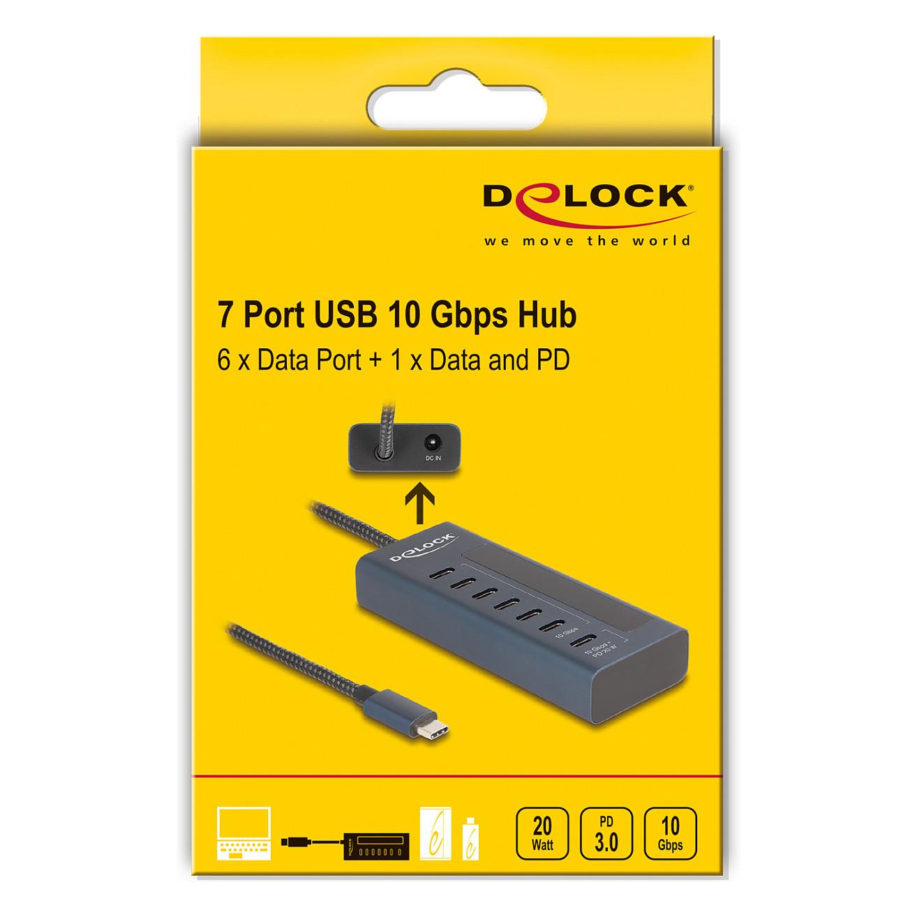 Hub USB DeLOCK 64288 / USB 10 Gbit/s / 7x USB-C / Power Delivery 20W / 0.6 m - Blu e errët - 4