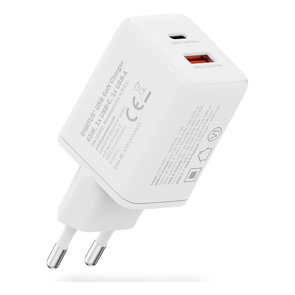 Adapter Digitus DA-10302 / 45W / GaN / 1x USB-C + 1x USB-A / Fast Charging - Bardhë - 10