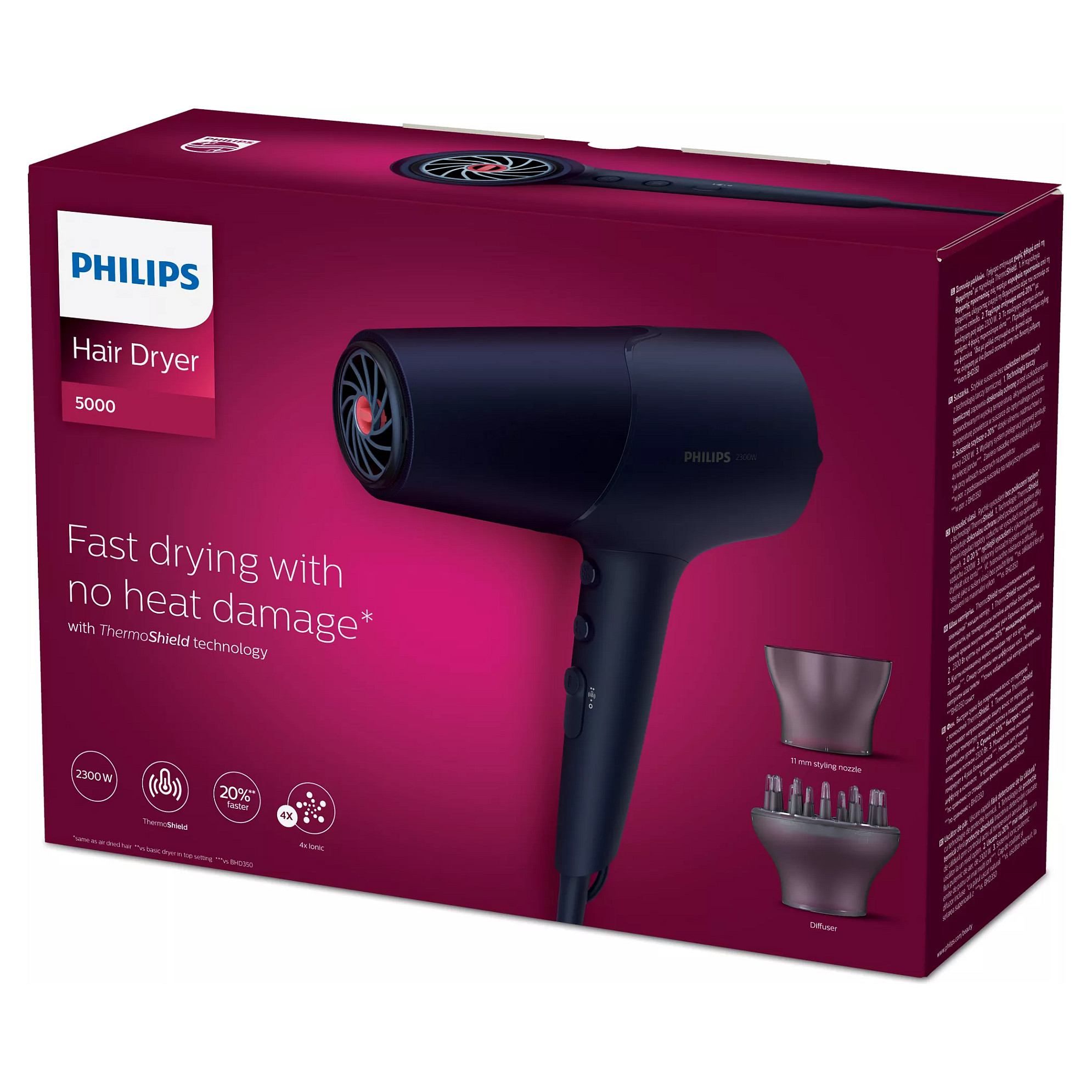Tharëse flokësh Philips 5000 Series BHD510/00 / ThermoShield / 2300W / 4x Ionic / 110 km/h / 3 Temperatura / 2 Shpejtësi / Difuzor – Blu - 2