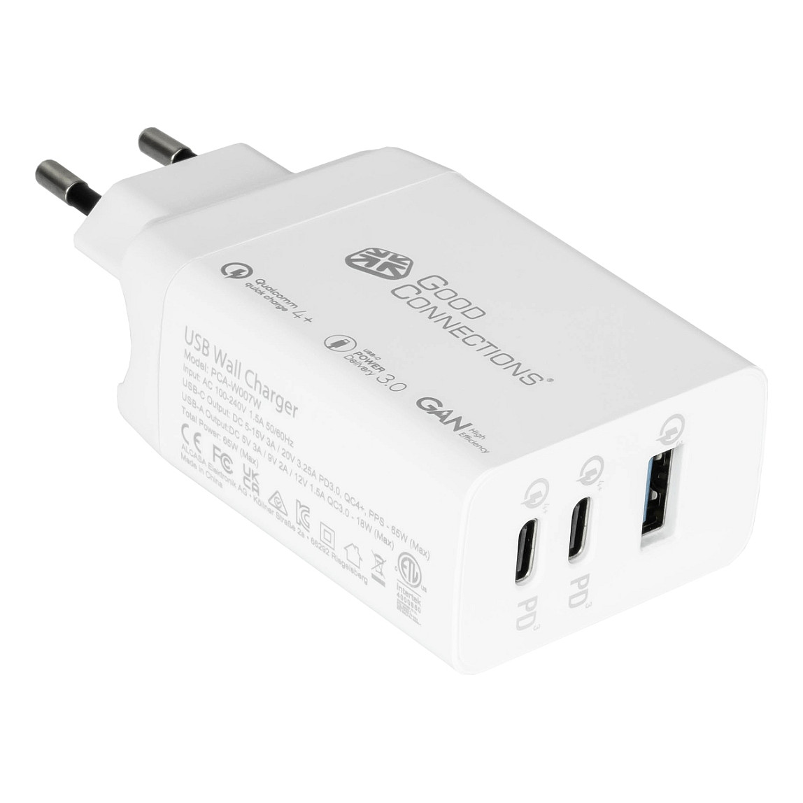 Adapter USB-C Good Connections / 65W / GaN / 2x USB-C + 1x USB-A / PD 3.0 / QC 4+ – Bardhë - 2