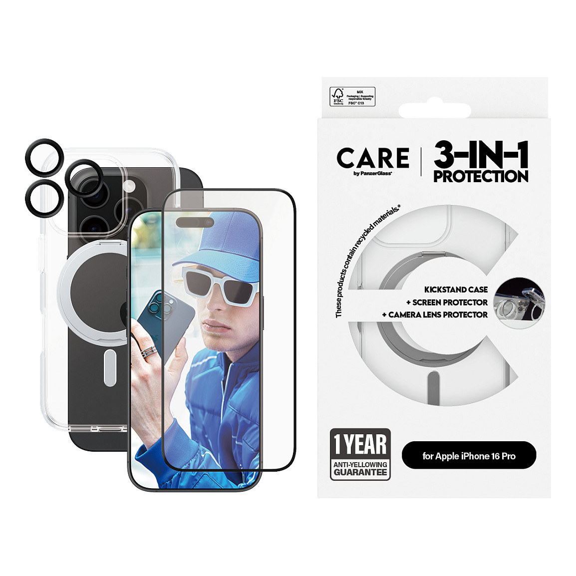 Aksesorë për telefon CARE by PanzerGlass 3-in-1 Ceramic Bundle / Kickstand Case + Ceramic Screen Protector + Ceramic Hoops / iPhone 16 Pro - Transparente - 2