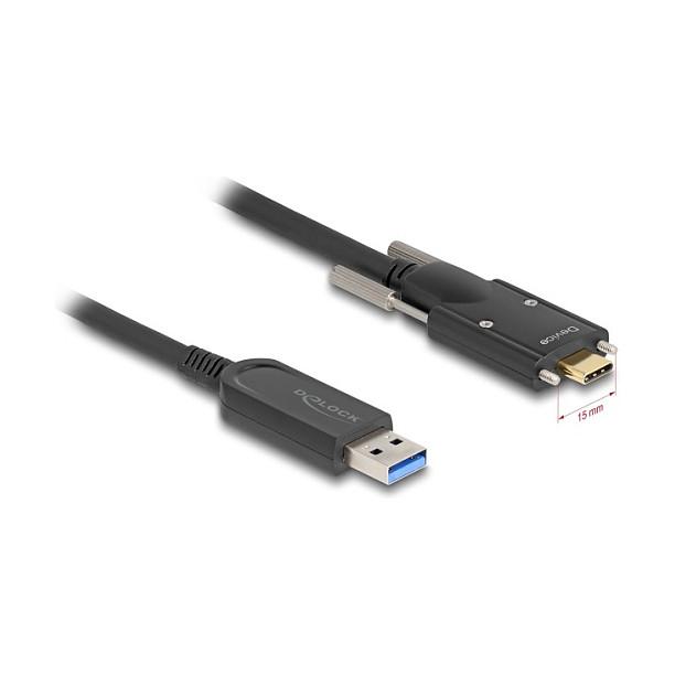 Kabllo USB DeLOCK 83208, USB 10 Gbps Type-A mashkull në USB Type-C mashkull me vida anësore, kabllo optike aktive, 15 m - Zezë