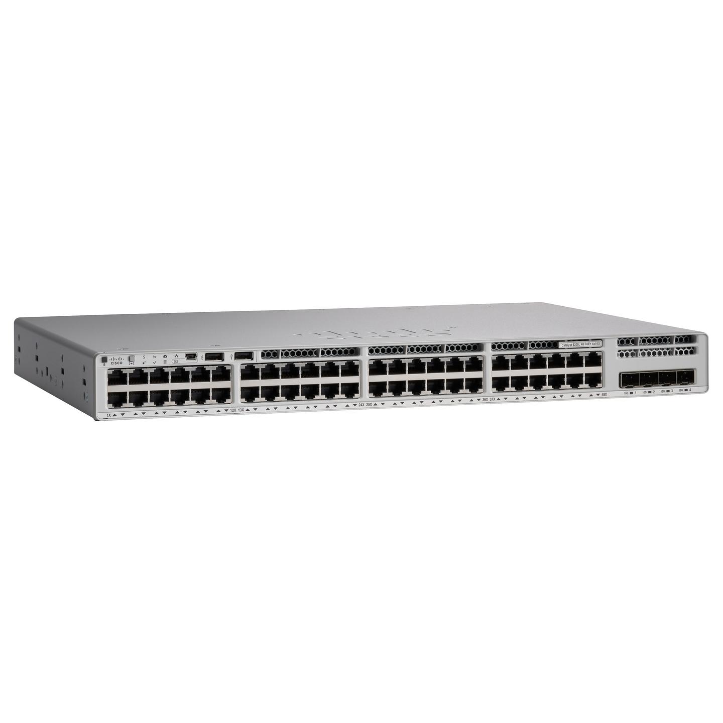 Switch Cisco Catalyst C9200L-48P-4X-E, 48x Gigabit Ethernet PoE+, 4x SFP+ 10Gbps, Network Essentials, Layer 3 Managed, Rackmount 1U - Hiri