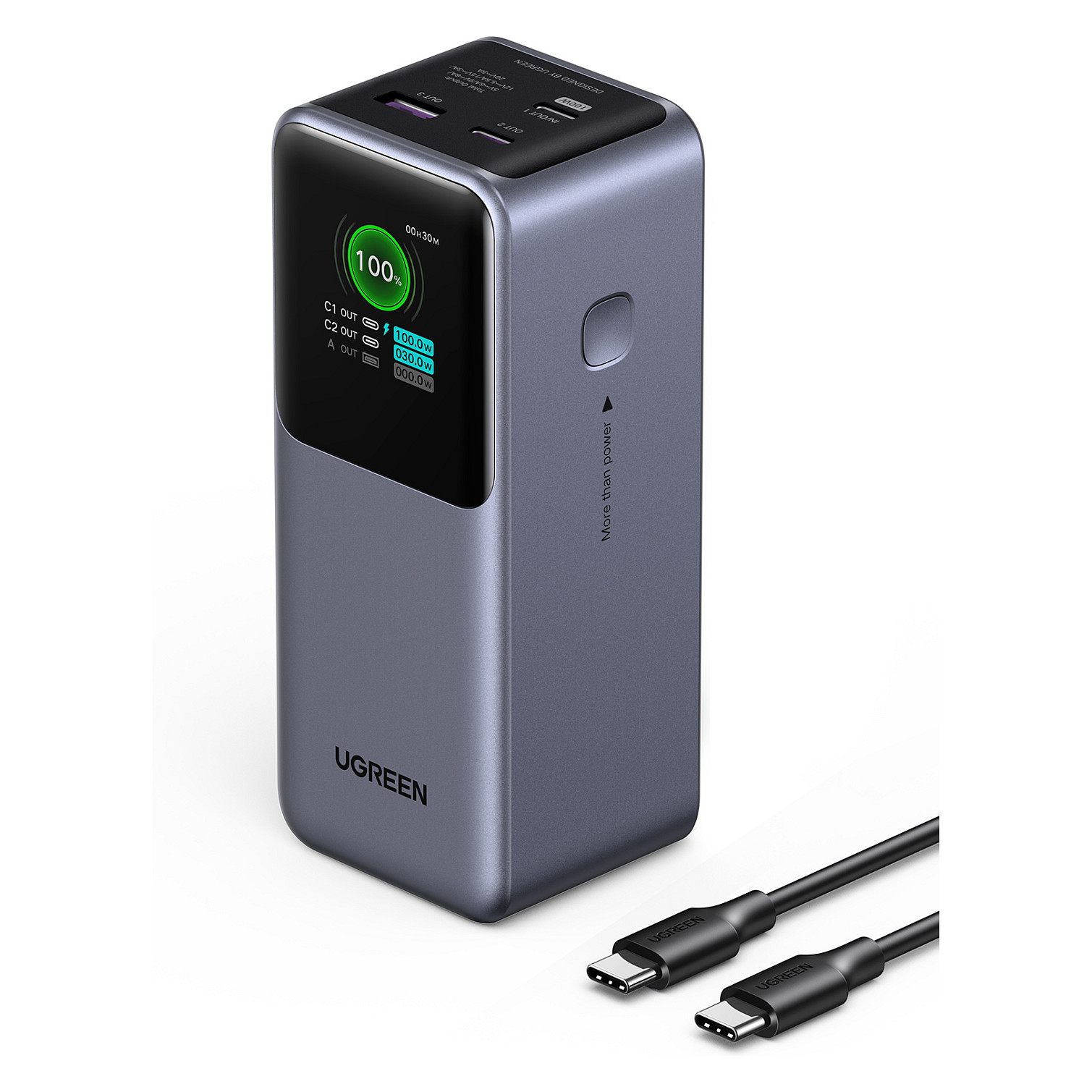 Powerbank UGREEN Nexode PB721 / 20.000mAh / USB-C 100W PD / USB-C 30W / USB-A 22.5W / TFT Display – Gri