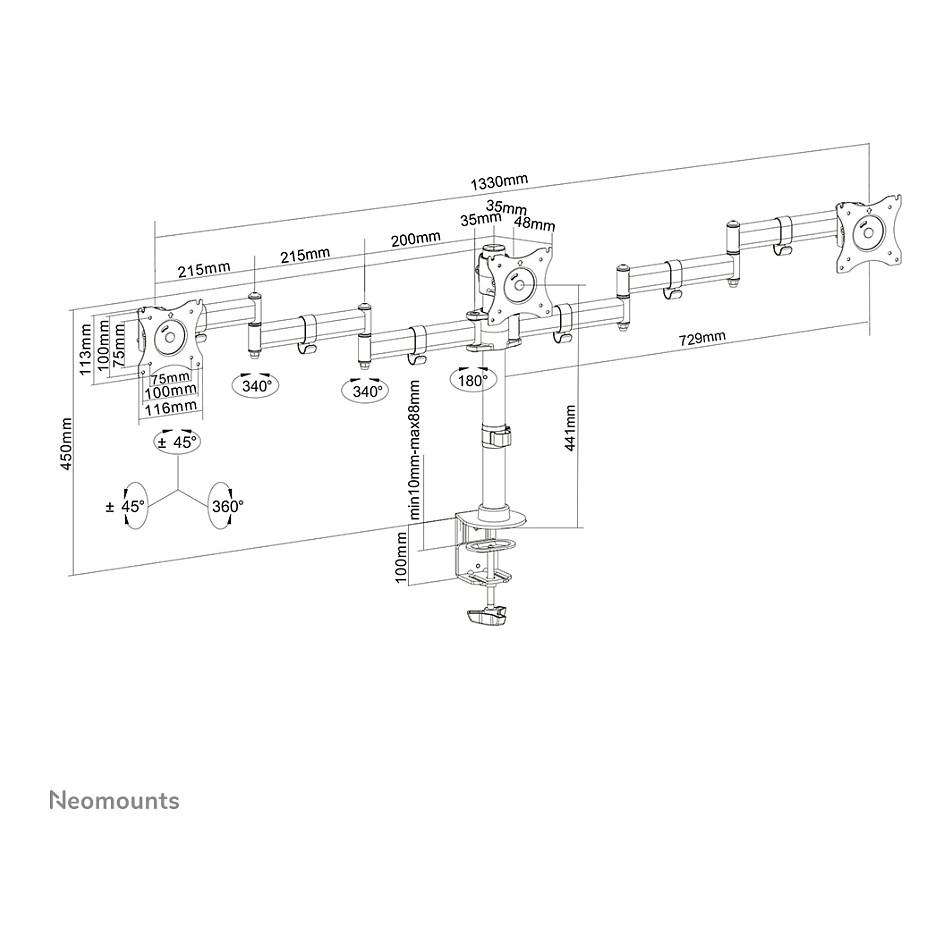Mbajtëse për Monitor Neomounts NM-D135D3BLACK / 3 Monitorë / 10"-27" / 8kg për Monitor / Full Motion / Clamp-Grommet / Tilt 90° / Swivel 90° - Zezë - 10