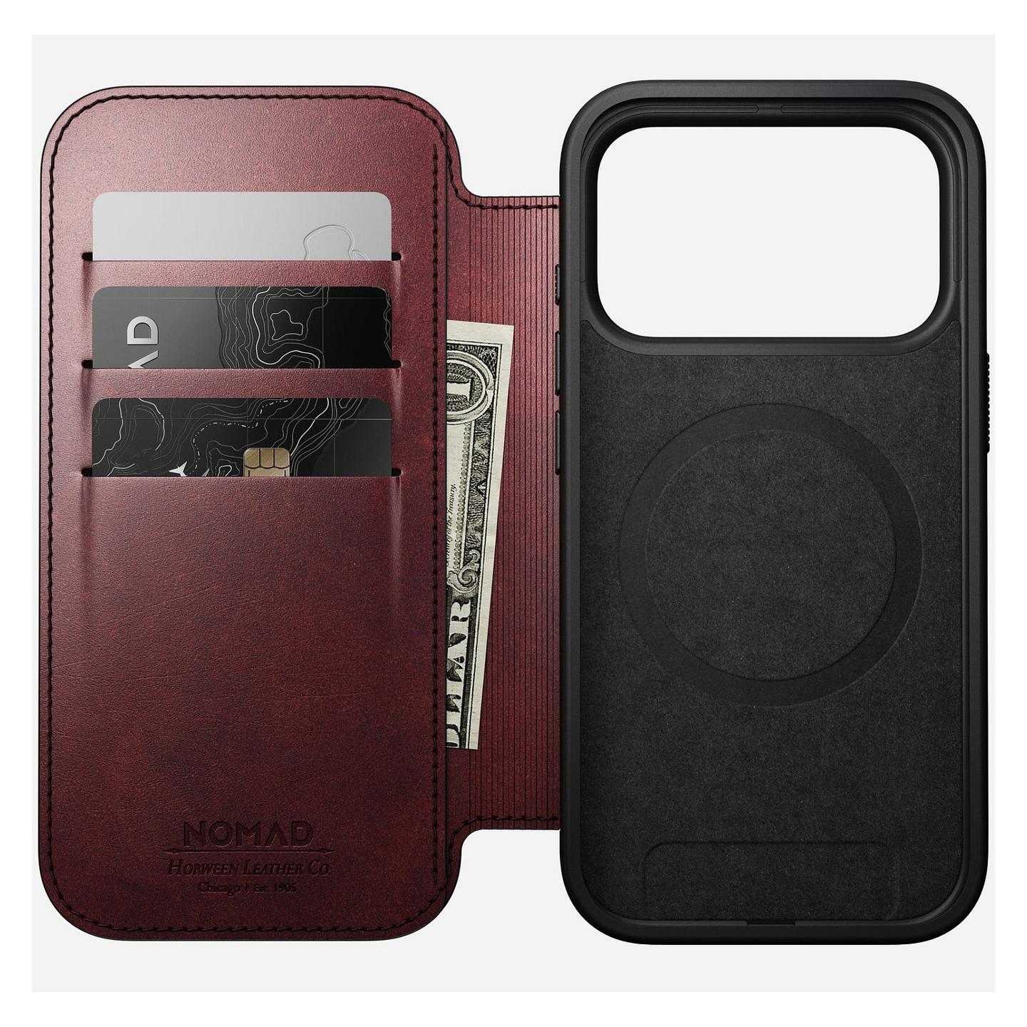Case për Telefon Nomad Modern Leather Folio, iPhone 17 Pro, Horween Leather, MagSafe, Qi2, 3 Fole për Karta, Mbrojtje deri 2.4m - Bordo - 2