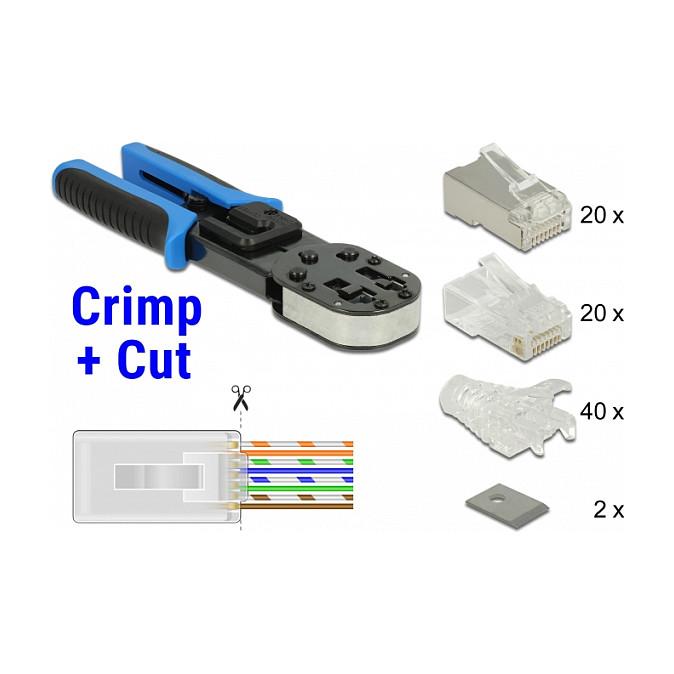 Set Veglash për Montimin e Konektorëve të Rrjetit DeLOCK 86450, RJ-45, RJ-12, me Prerës dhe Zhveshës Kabllosh, 40 Konektorë - Blu/Zeze - 5