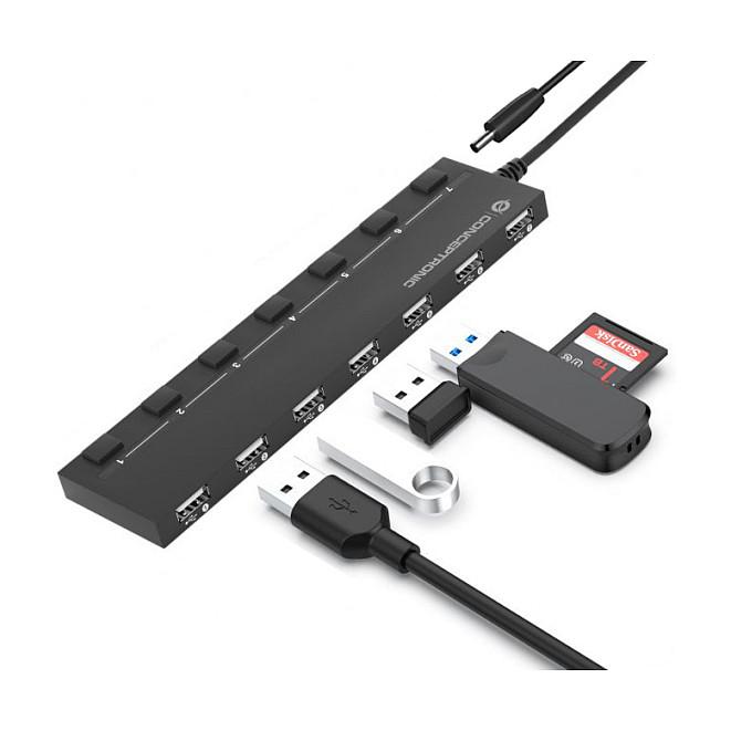 Hub USB Conceptronic HUBBIES08BP, 7x USB 2.0, 480Mbps, furnizim i jashtëm, çelësa individualë - Zezë - 5