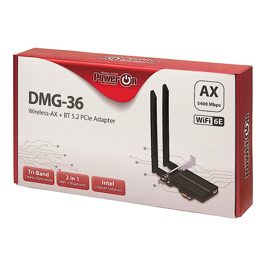 Karta të Rrjetit Inter-Tech DMG-36, PCI Express 2.0 x1, Tri-Band 2.4GHz + 5GHz + 6GHz, 5400Mbps, Wi-Fi 6E, Bluetooth 5.2, Intel AX210, 2x Antenë 6dBi, Low Profile - 3