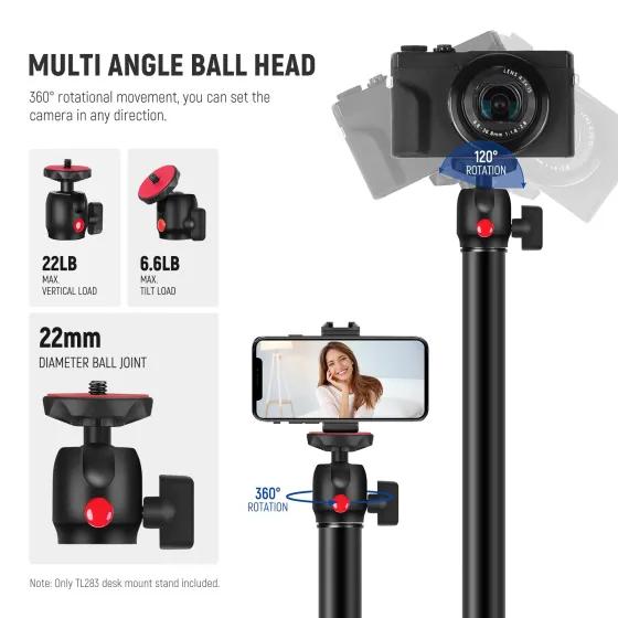 Tripod për Kamerë Neewer TL283, Teleskopik, 43-102cm, Ball Head 360°, Kapacitet 3kg, Klemë C - Zezë - 3