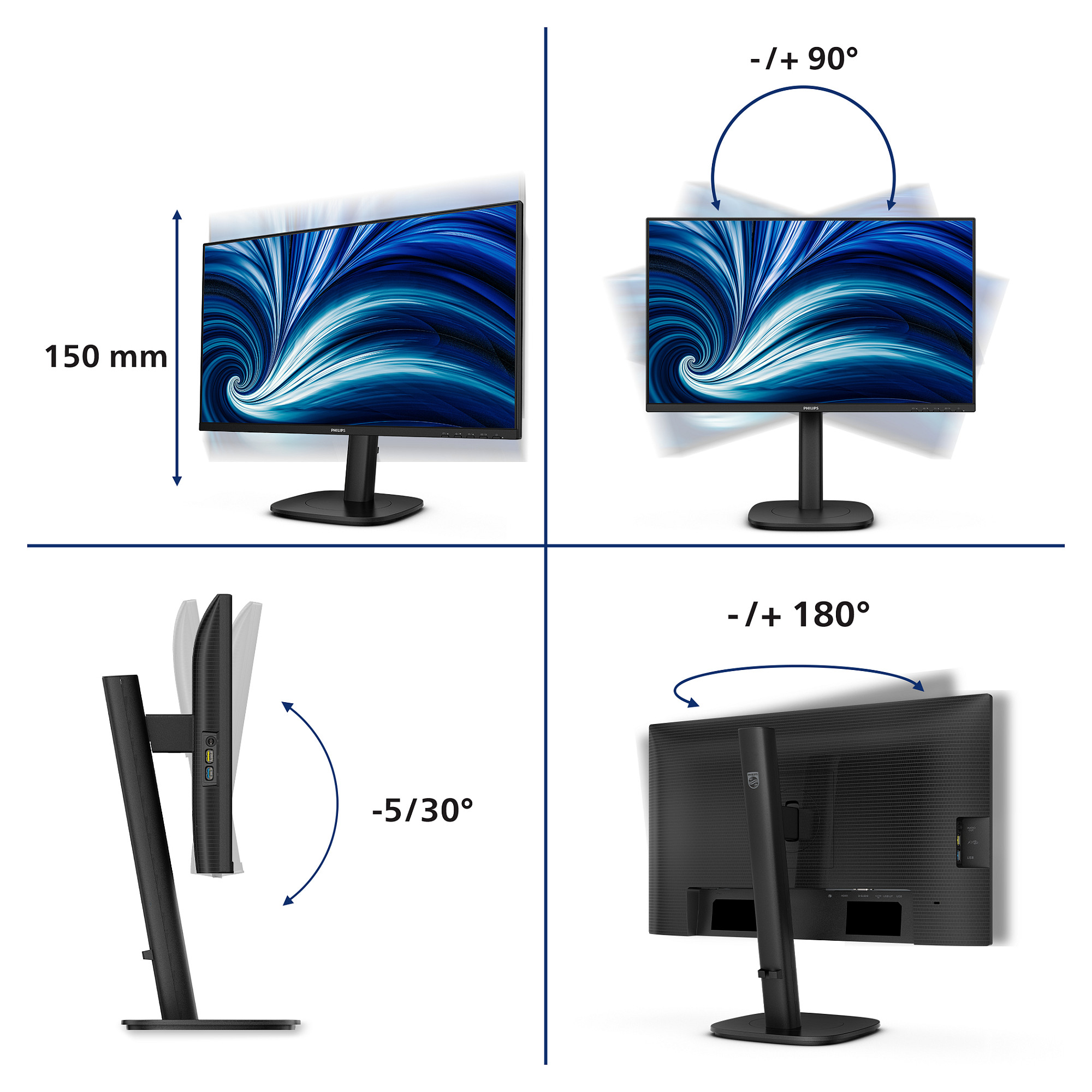 Monitor Philips 3000 Series 24B2N3200J/00 / 23.8” / Full HD IPS LED / 120Hz / 4ms / HDMI+DP+VGA+USB - Zezë - 5