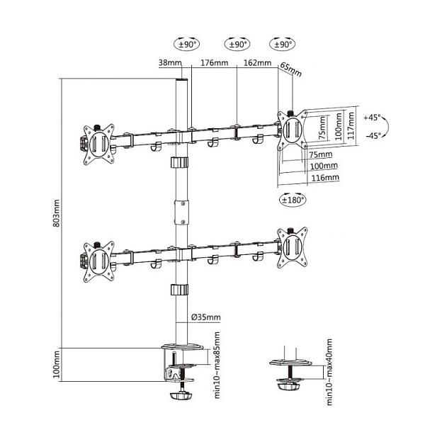 Mbajtëse për Monitor Equip 650159 / 4 Monitorë / 17"-32" / 36kg / Gas Spring / Clamp-Grommet / Tilt ±45° / Swivel ±90° - Zezë - 8