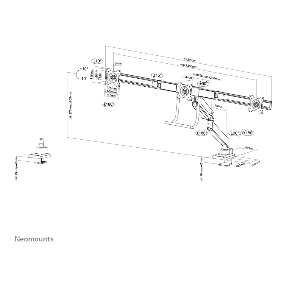 Mbajtëse për Monitor Neomounts NM-D775DX3BLACK Tischhalterung me dorëz për mbajtjen e tre ekranëve të sheshtë deri në 27" (68.6 cm) - 20