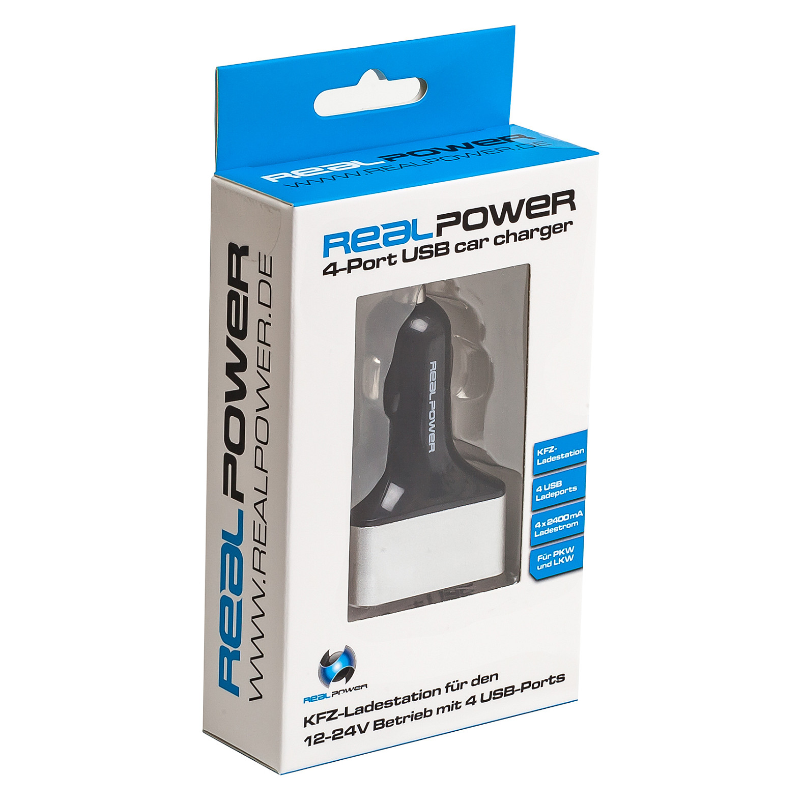 Adapter telefoni për veturë RealPower 176636 / 4x USB 2.0 / 5V – Zezë/Argjendtë - 2