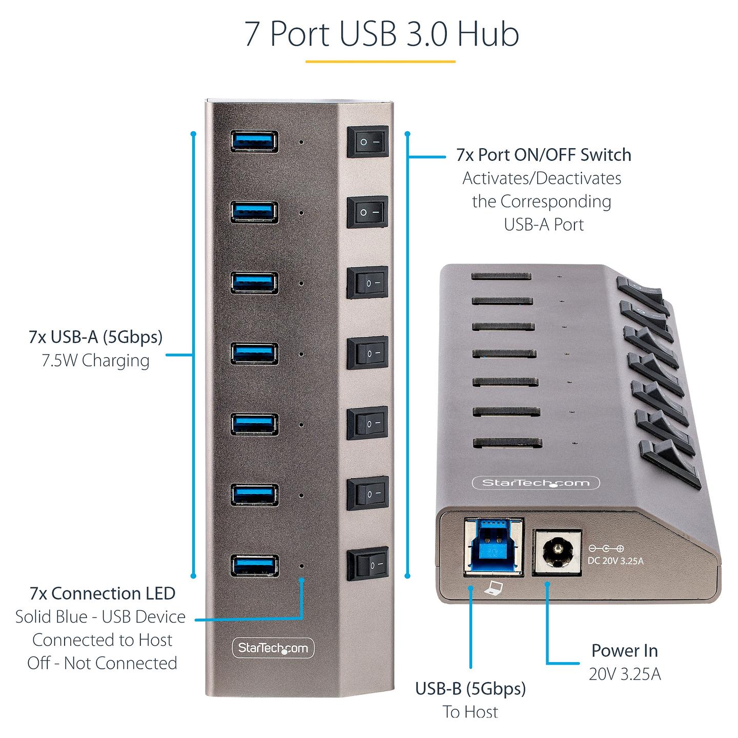 Hub USB StarTech.com 5G7AIBS-USB-HUB-EU, 7× USB-A, USB 3.2 Gen 1, 5 Gbps, Ndërprerës Individualë, Adapter 65 W – Gri - 8