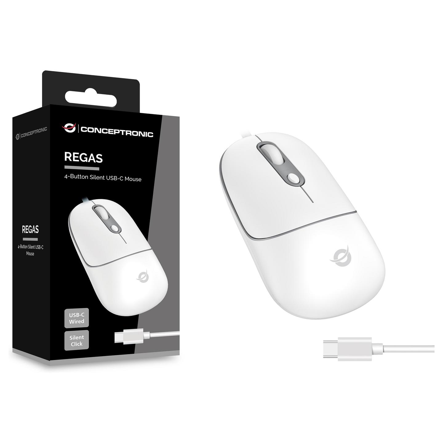 Maus me kabllo Conceptronic REGAS02W, USB-C, Optik, 800–2400 DPI, 4 Butona, Klikime të Heshtura, 1.5 m – Bardhë - 2