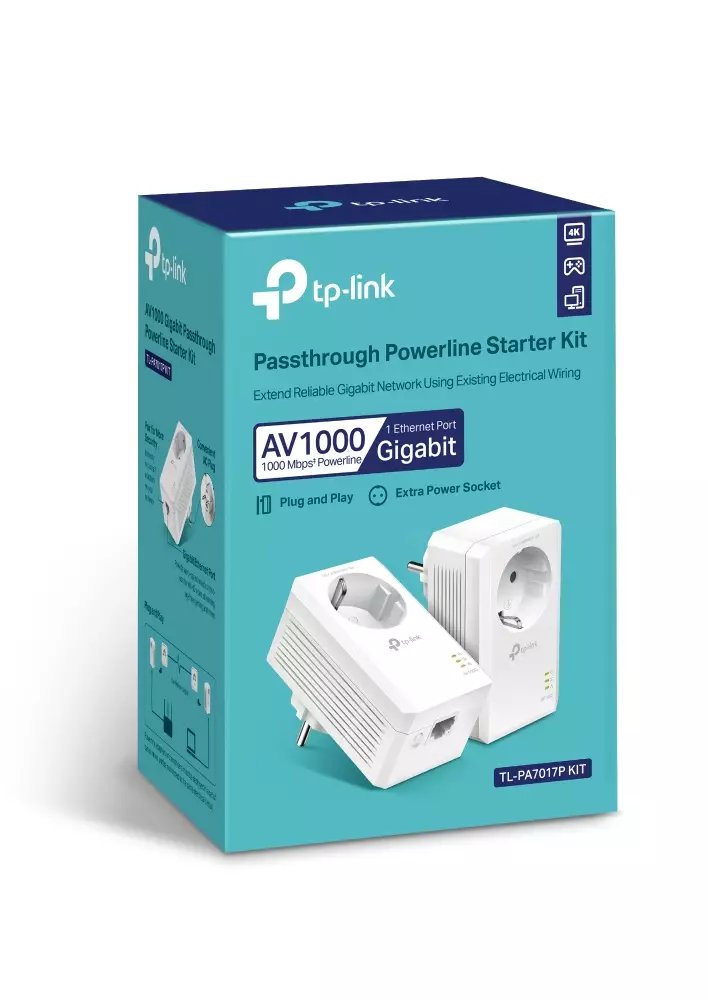 TP-Link TL-PA7017P KIT AV1000 Gigabit Powerline Adapter – 2× Adapterë, HomePlug AV2, 1000 Mbps, 1× Gigabit Ethernet, Prizë e Integruar – Bardhë - 4