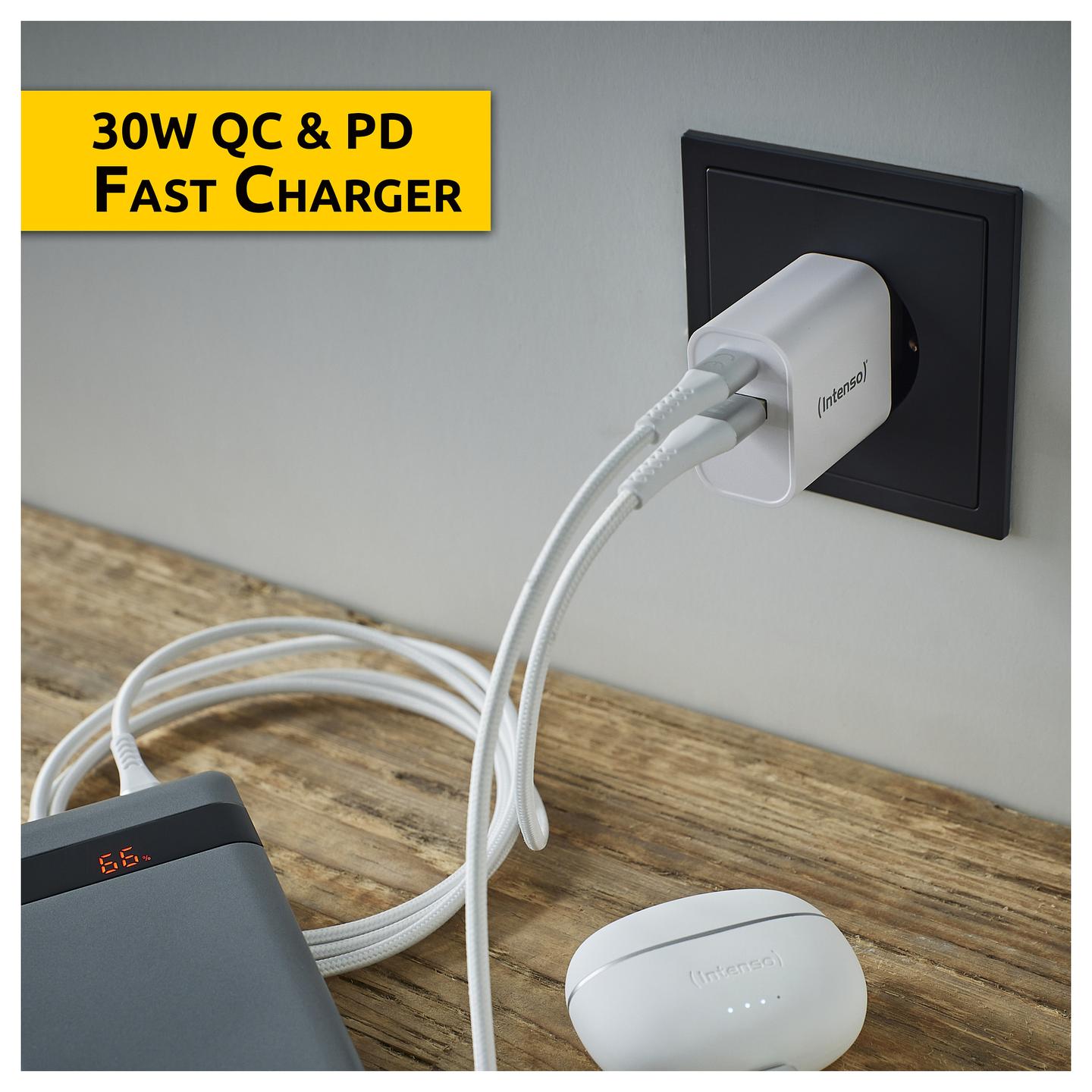 Adapter Intenso W30AC / USB-A + USB-C / 30W / PD 3.0 / PPS / QC 4.0 - Bardhë - 3