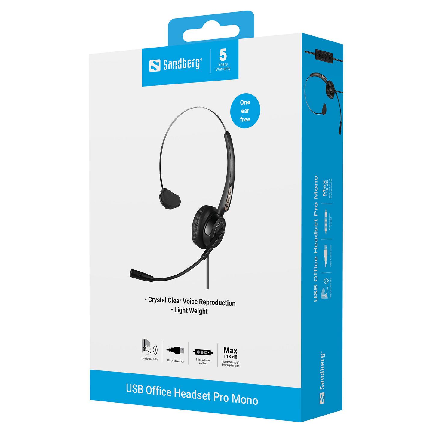 Kufje me kabllo Sandberg USB Office Headset Pro Mono 126-14 / Mono / USB-A / 30mm / 20-7000Hz / Mikrofon / 2.1m - Zezë - 5