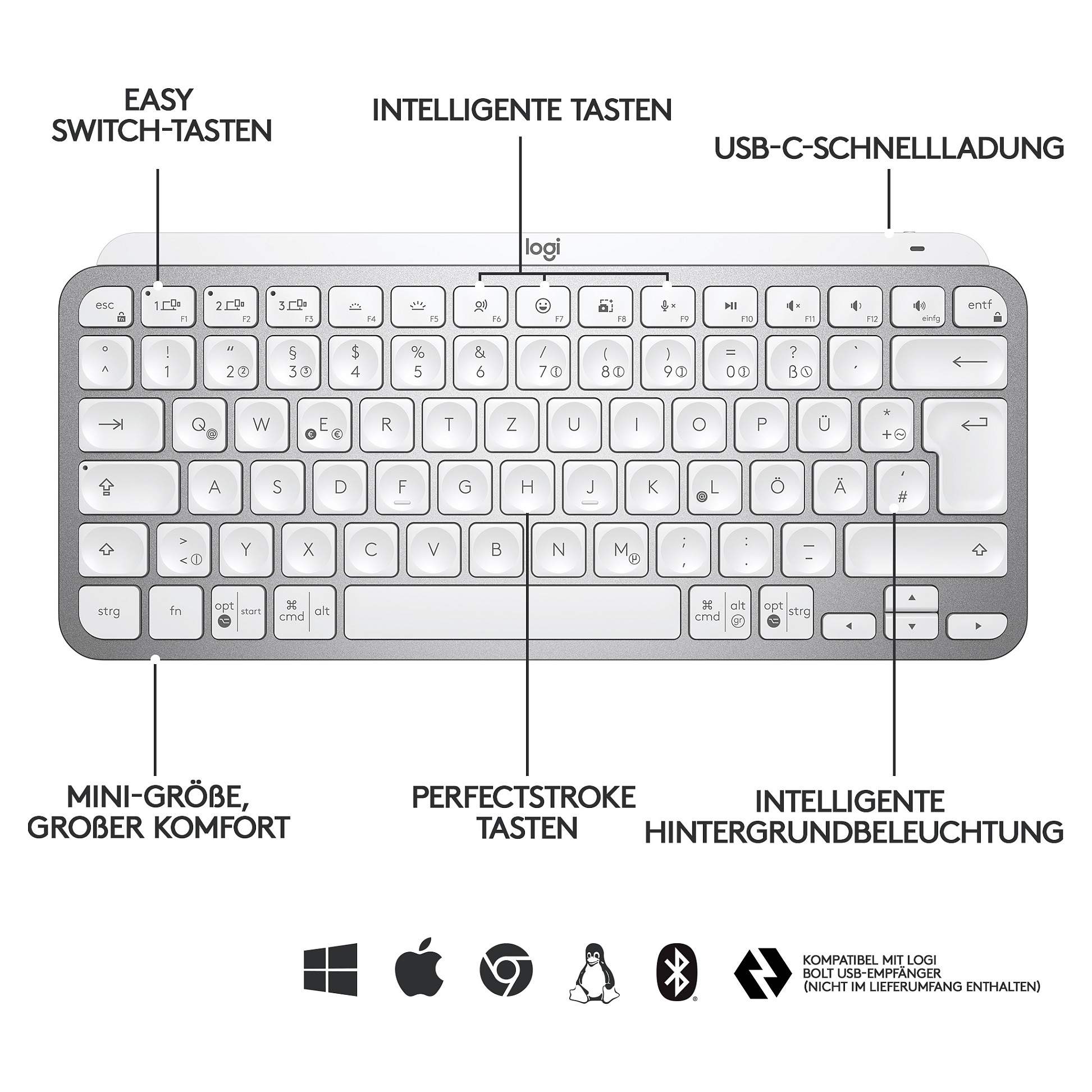 Tastierë Pa kabllo Logitech MX Keys Mini for Business / Kompakte / Membrane / Multi-Device / Bluetooth + Logi Bolt / 3 Pajisje / QWERTY US / USB-C - Hiri - 11
